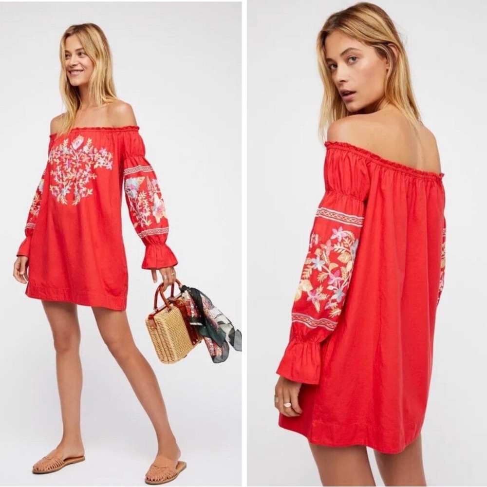 Free People Fleur Du Jour Off Shoulder Red Floral Embroidered Mini Dress Size L